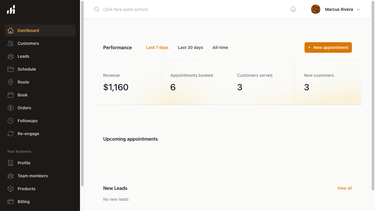 Houseler business performance dashboard with revenue and appointment tracking