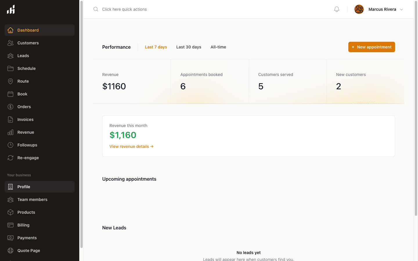 Plumbing software dashboard showing today's service calls and revenue
