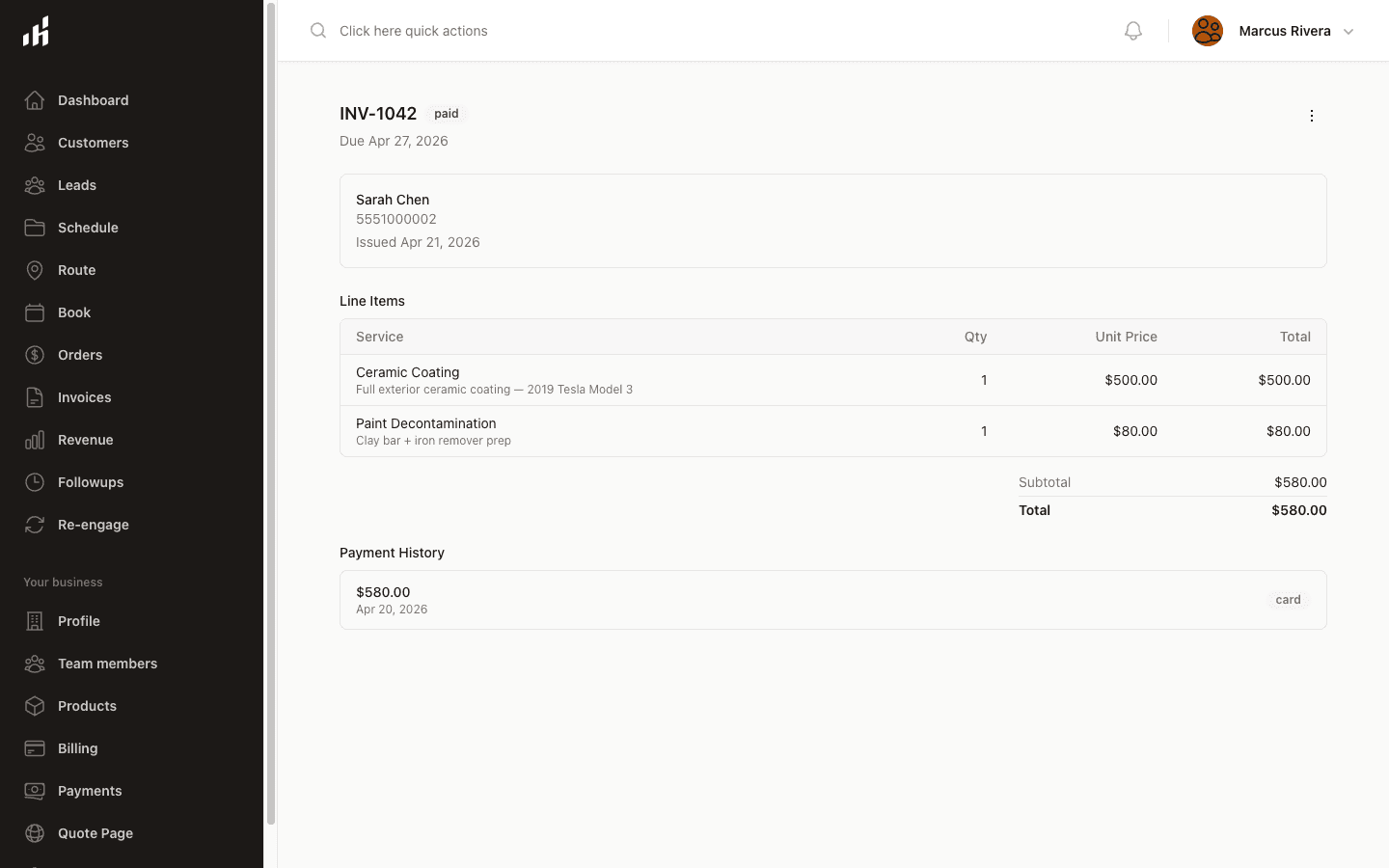 Cleaning business invoice ready to send via SMS