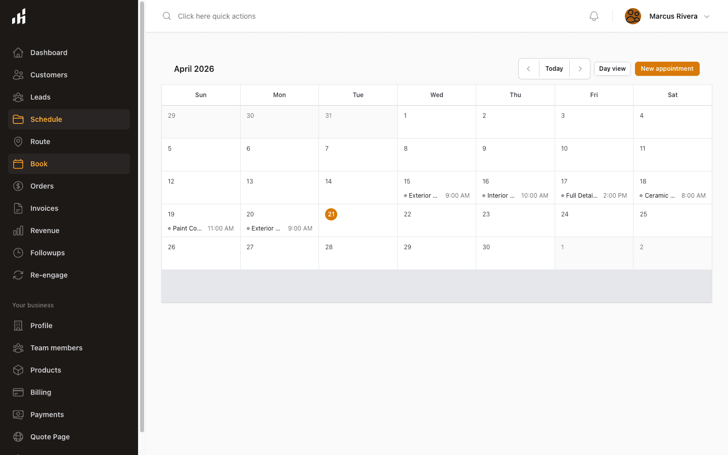 Cleaning business scheduling view with recurring appointment details