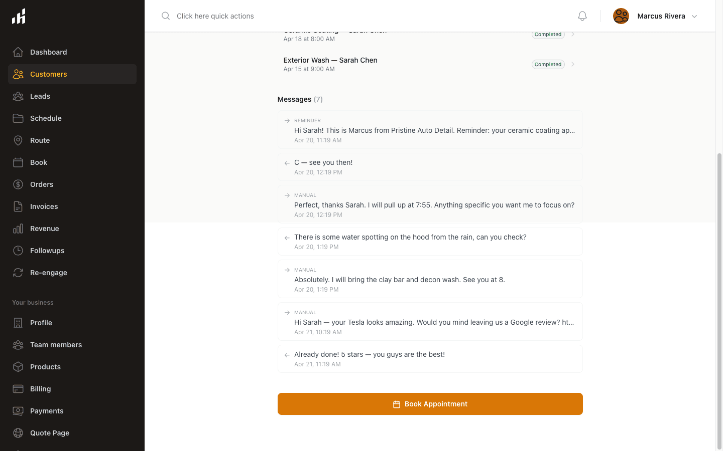 SMS reminder thread between a cleaner and a client